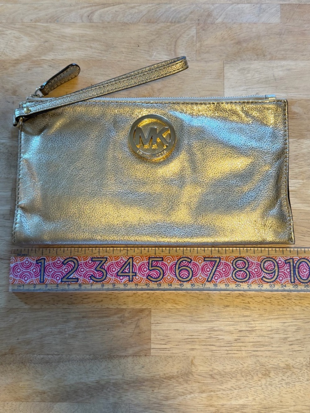 Michael Kors Fulton Large Zip Gold Leather Wristlet Clutch